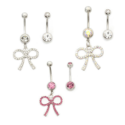 Surgical Steel 14 Gauge Belly Ring Set with Paved CZ Bow - Pair