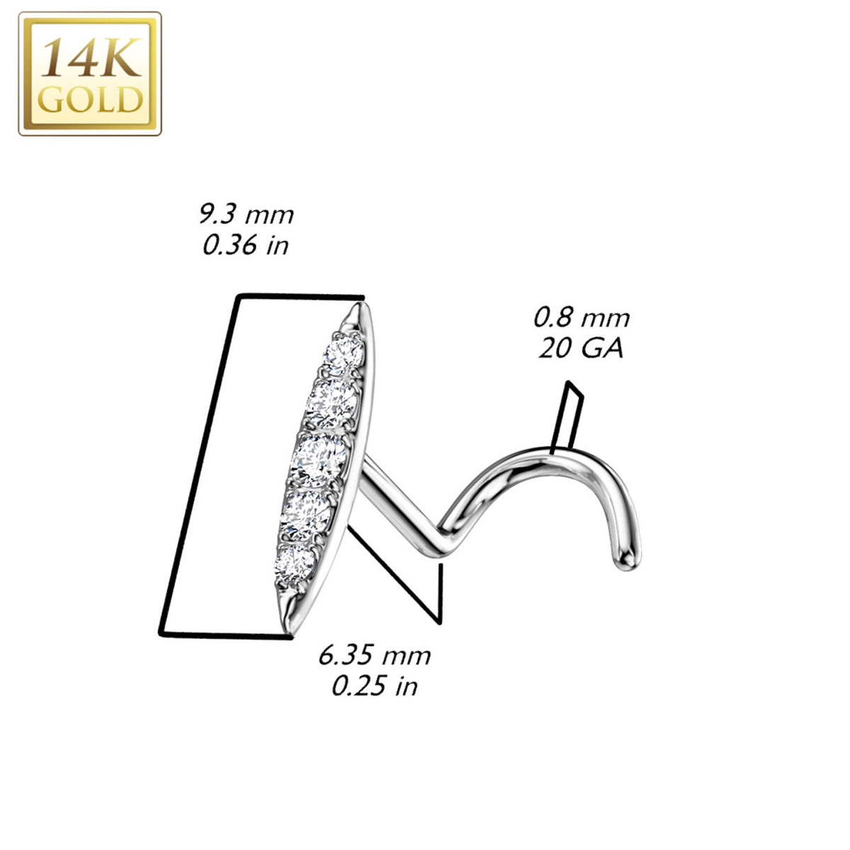 14 Karat Solid Gold 20 Gauge Nose Ring with Paved CZ Corkscrew - photo 2