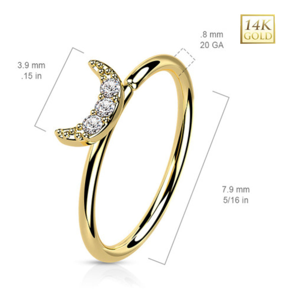 14K Solid Gold 20 Gauge Bendable Nose Ring with Crescent Moon - photo 3