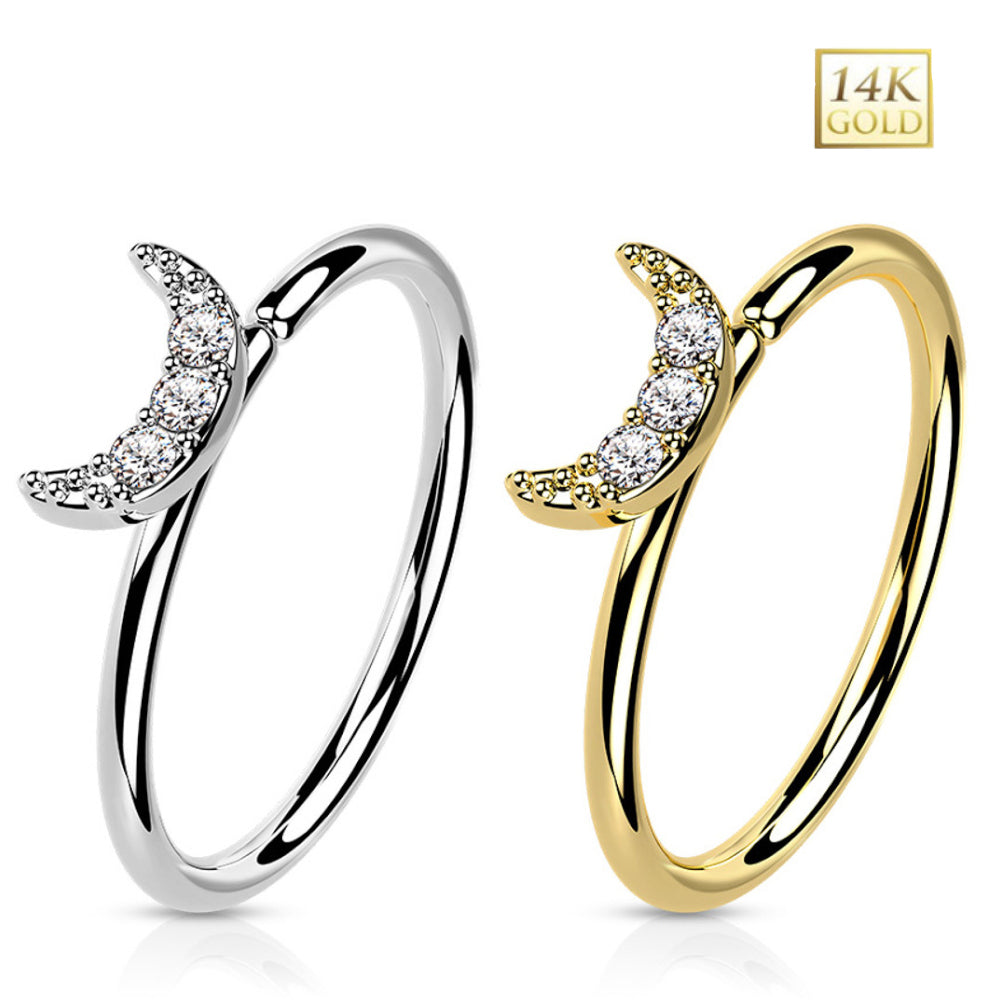 14K Solid Gold 20 Gauge Bendable Nose Ring with Crescent Moon