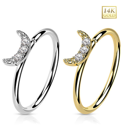 14K Solid Gold 20 Gauge Bendable Nose Ring with Crescent Moon