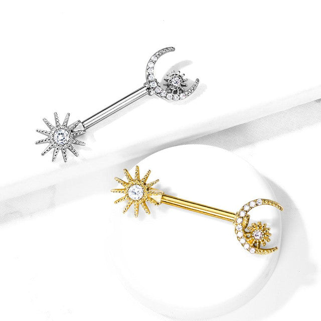 Surgical Steel 14 Gauge Nipple Barbell with CZ Moon and Star - Pair - photo 2