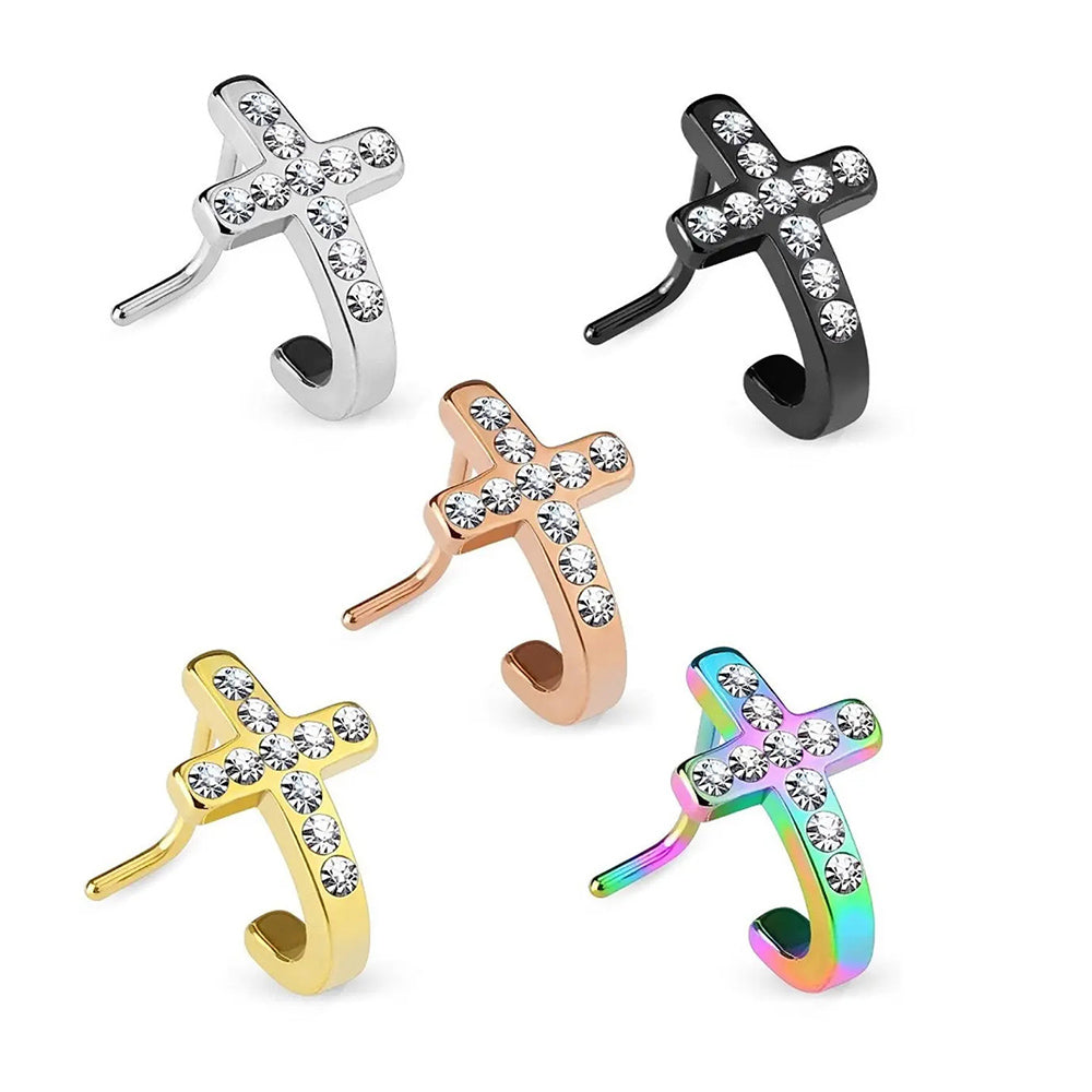 Surgical Steel 20 Gauge L-Shaped Nose Stud with Paved CZ Cross