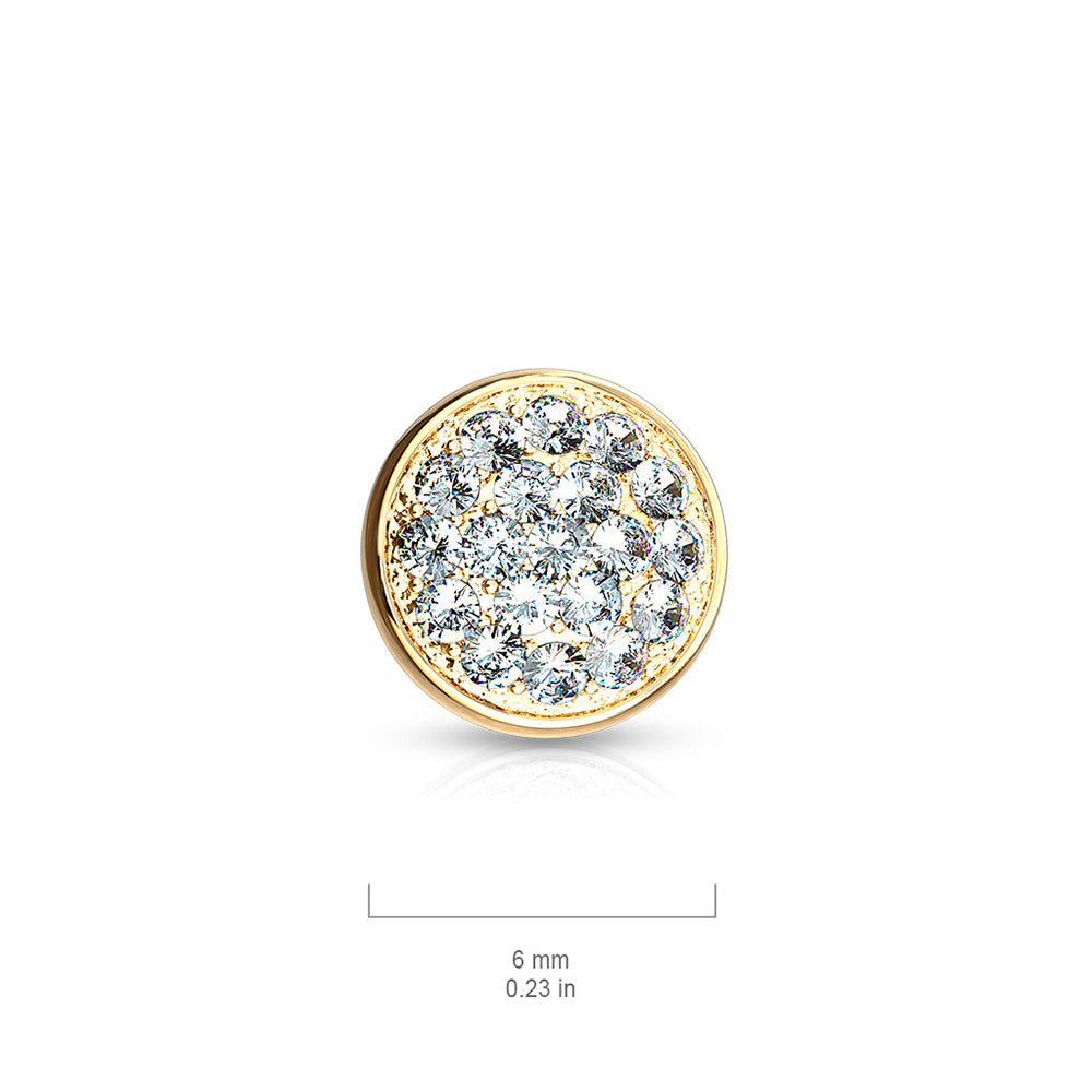 14K Solid Gold Flat Dome Paved CZ Dermal Top 14G 6mm - photo 2