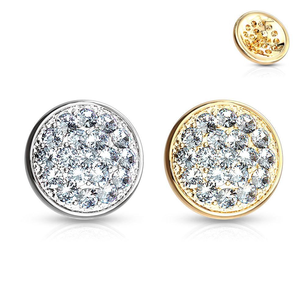 14K Solid Gold Flat Dome Paved CZ Dermal Top 14G 6mm