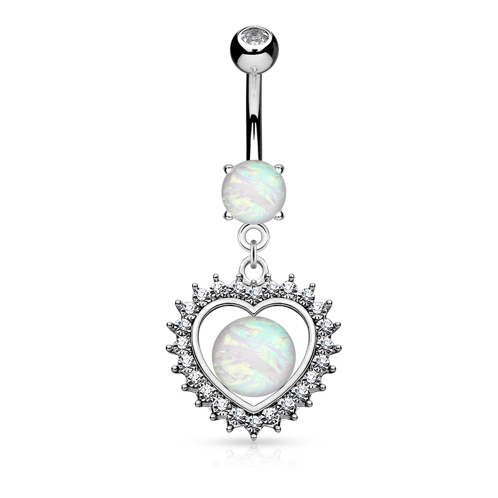 Surgical Steel 14 Gauge Belly Ring with Paved CZ Heart Opal Center