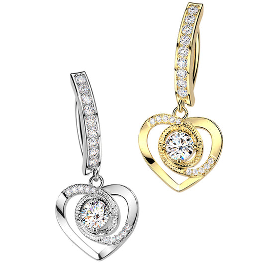Surgical Steel 14 Gauge Hinged Belly  Ring with Heart Paved CZ Dangle