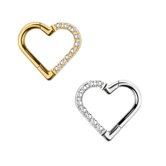 Surgical Steel 16 Gauge Hinged Segment Rings with CZ Paved Heart