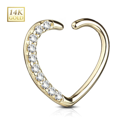 14KT Solid Gold 16 Gauge Heart Daith Hoop Earring with CZ - photo 3