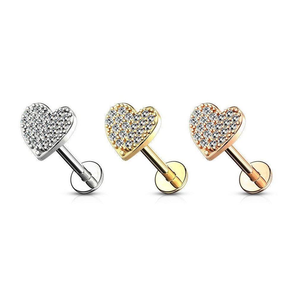 Surgical Steel 16 Gauge Labret Stud with Paved CZ Heart