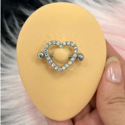 Surgical Steel Paved AB CZ Heart Nipple Shield Rings 14G 18mm - Pair - photo 2