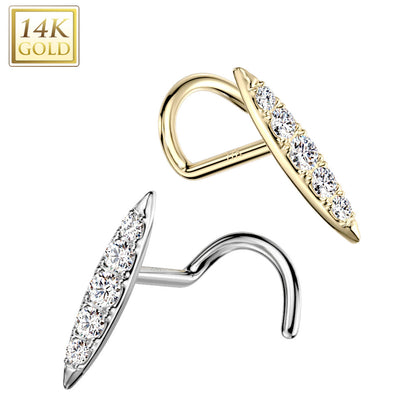 14 Karat Solid Gold 20 Gauge Nose Ring with Paved CZ Corkscrew