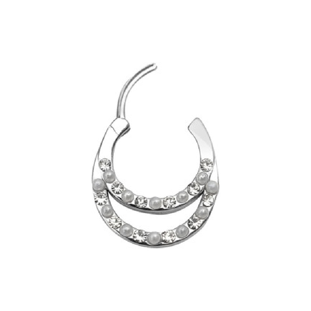 Surgical Steel 16 Gauge CZ Pearl Double Row Hinged Segment Ring
