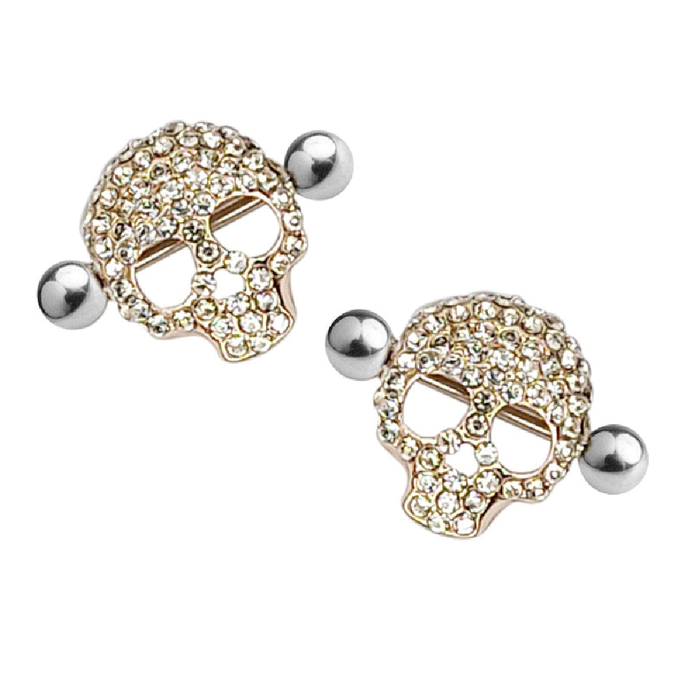 Surgical Steel 14 Gauge Nipple Shield Ring Rose Gold CZ Skull - Pair - photo 3