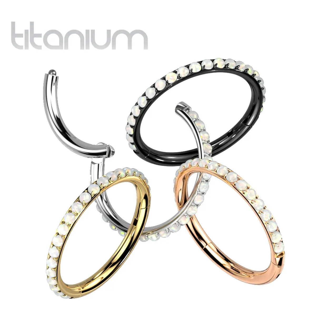 Titanium 16 Gauge Hinged Segment Rings with Forward Facing Opal
