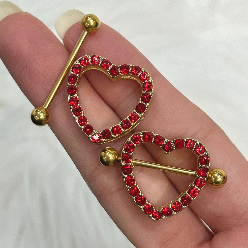 Surgical Steel Nipple Shield Ring 14G with Paved Red CZ Heart - Pair - photo 7