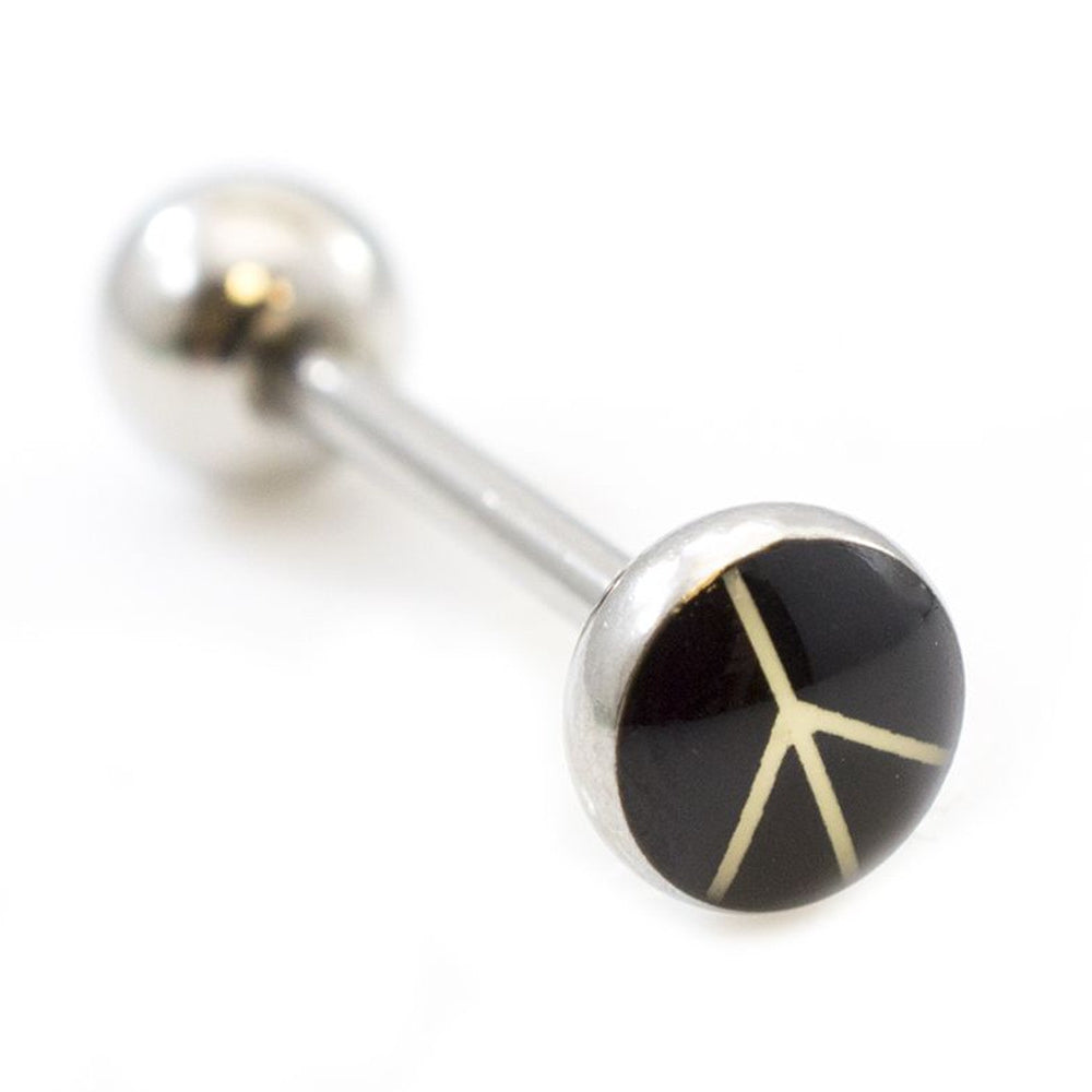 Surgical Steel 14 Gauge Tongue Barbell Ring with Peace Sign Logo