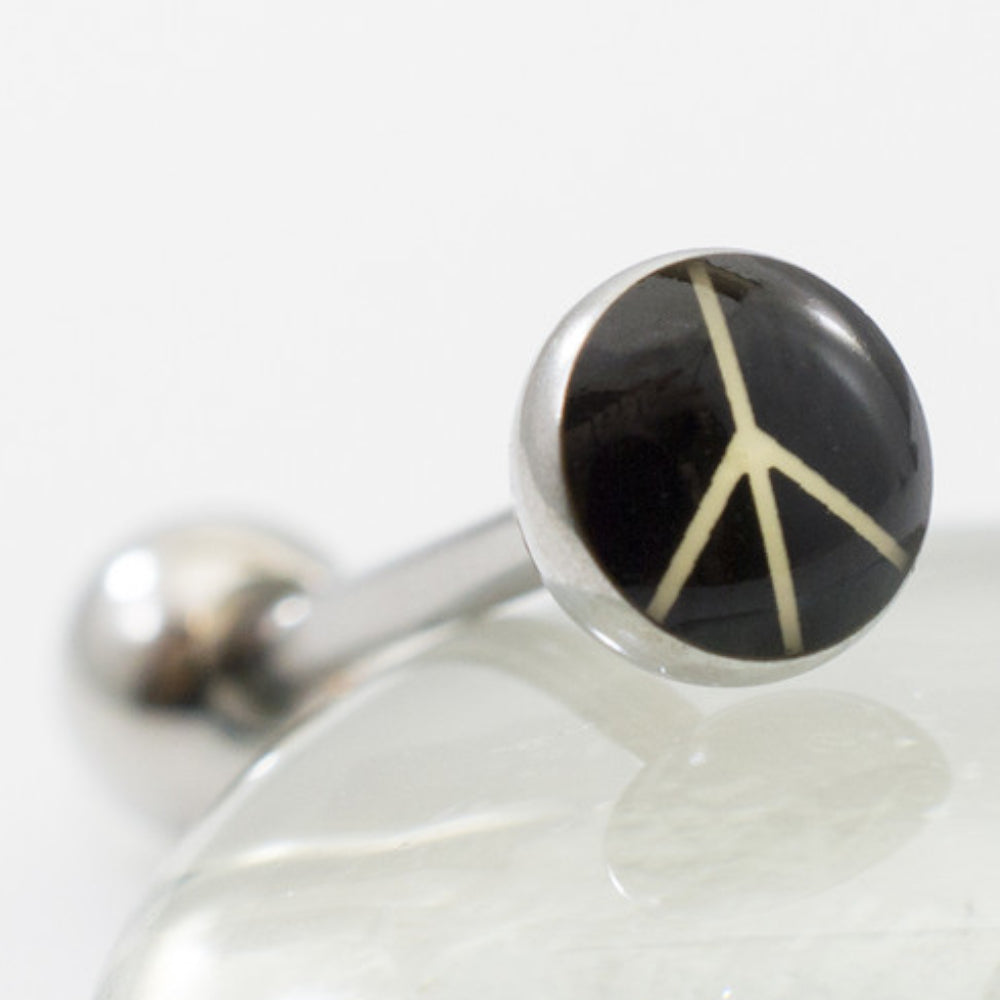 Surgical Steel 14 Gauge Tongue Barbell Ring with Peace Sign Logo - View 2