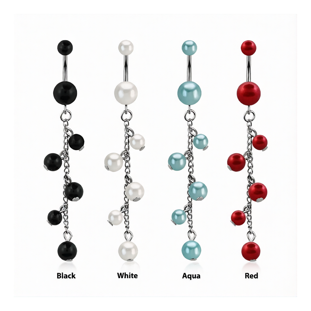 Surgical Steel 14 Gauge Belly Button Ring with Chain Dangle Pearl