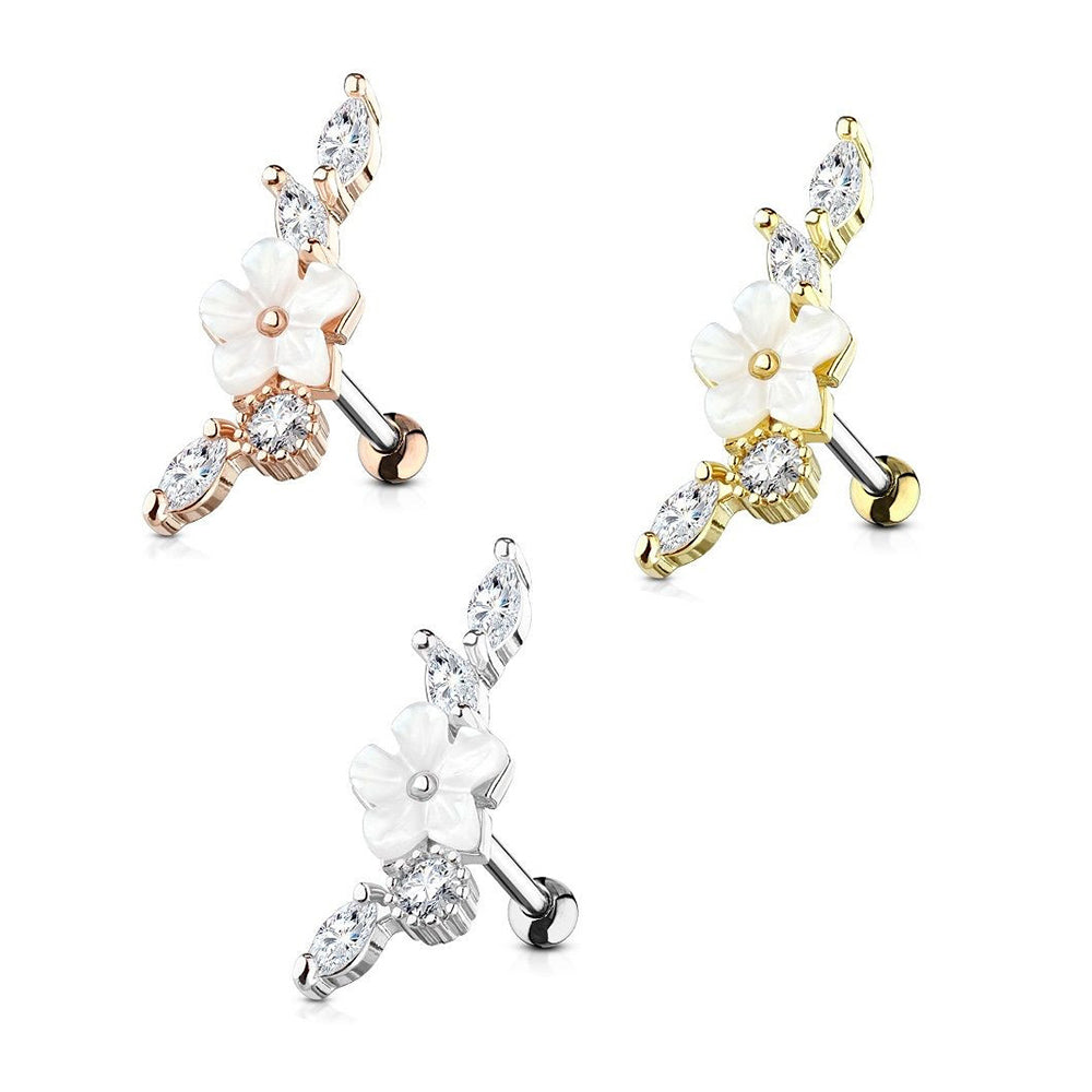 Surgical Steel 16 Gauge Tragus Barbell with CZ Pearl Flower Tops