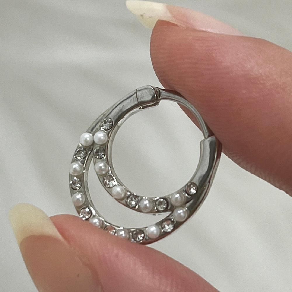 Surgical Steel 16 Gauge CZ Pearl Double Row Hinged Segment Ring