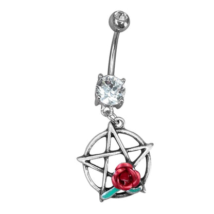 Surgical Steel 14 Gauge Belly Ring with Dangle Red Rose Pentacle CZ