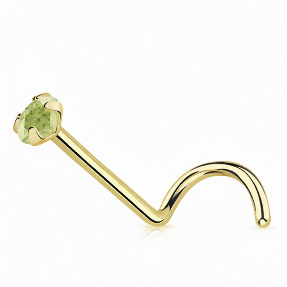 14 Karat Solid Gold 22 Gauge Nose Ring Screw with CZ Gem