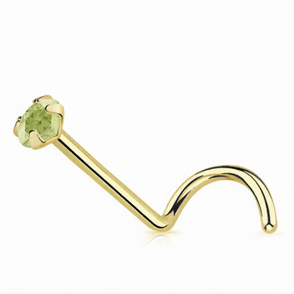 14 Karat Solid Gold 22 Gauge Nose Ring Screw with CZ Gem