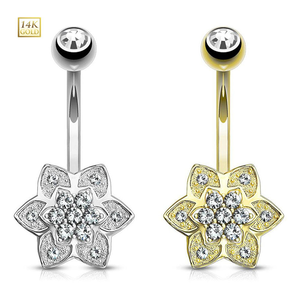 14K Solid Gold 14 Gauge Belly Ring with Petals Flower Cluster CZ