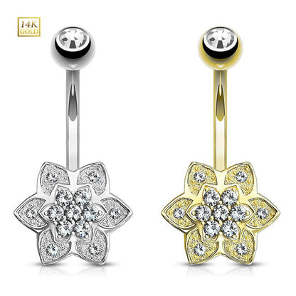 14K Solid Gold 14 Gauge Belly Ring with Petals Flower Cluster CZ
