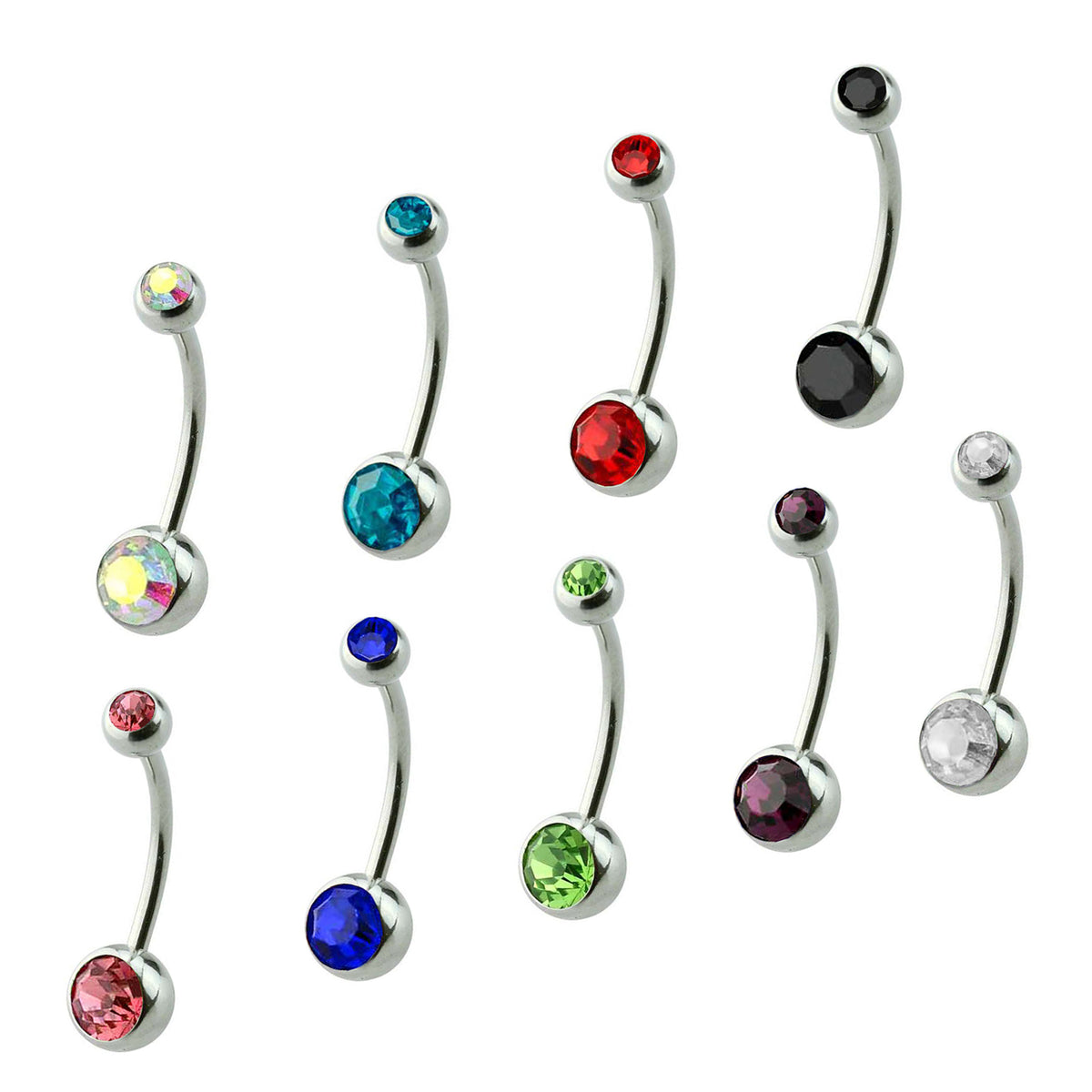 Surgical Steel Long Belly Ring 14 Gauge 5/8" (16 mm) & Color CZ Gems - Kruelty