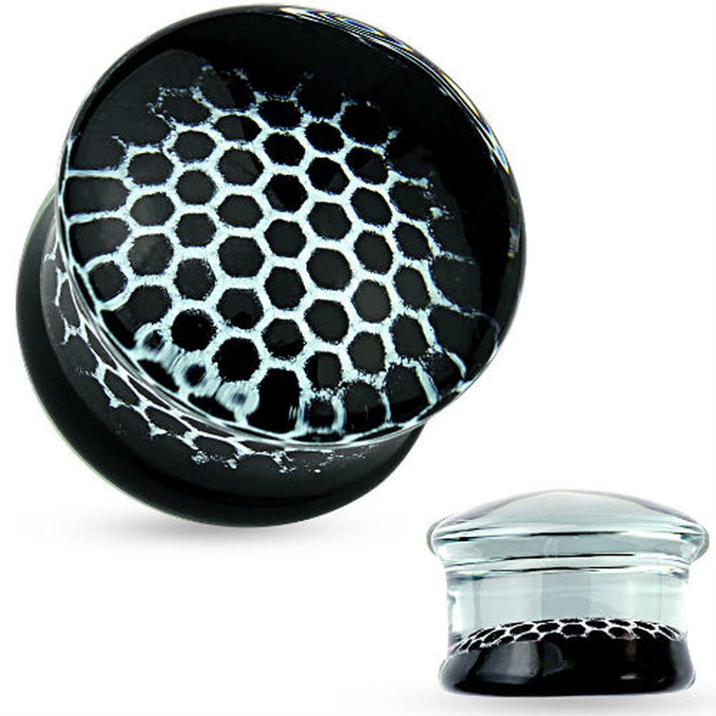Double Flared Glass Plugs Ear 2 to 5/8" Gauge & Black Honeycomb - Pair - Kruelty