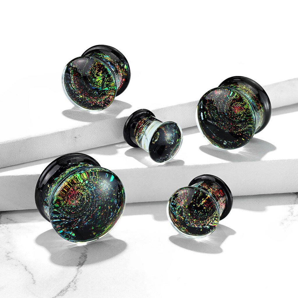 Double Flared Glass Plugs Ear 0 to 5/8" Gauge & Sparkle Galaxy - Pair - Kruelty - Photo 3
