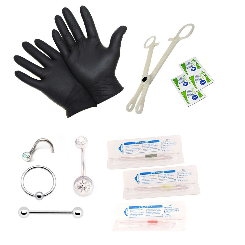 Surgical Steel Body Piercing Kit Belly, Tongue, Ear, Nose & Lip