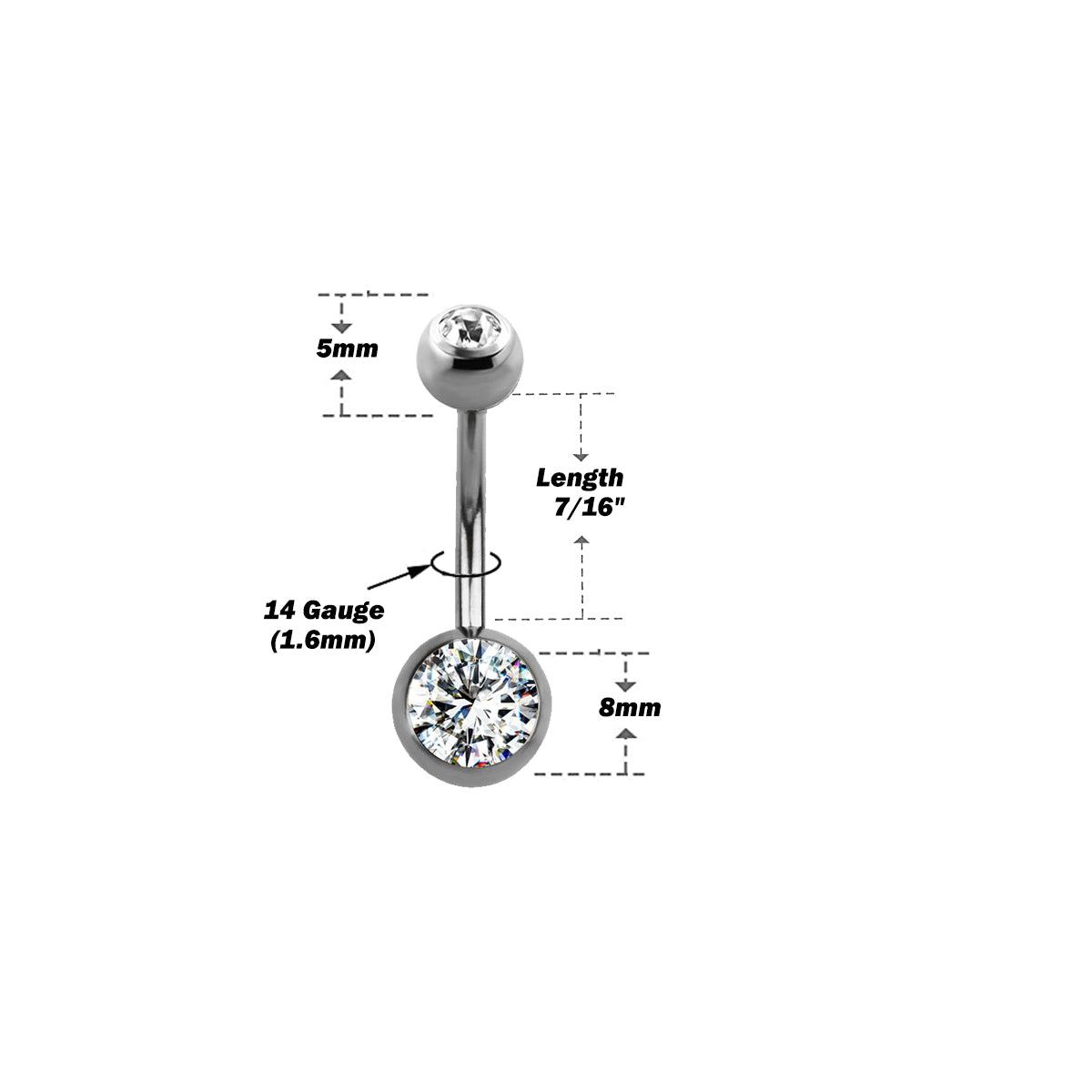 Titanium 14 Gauge Belly Ring 8mm & 5mm Gems Sterilized Piercing Kit