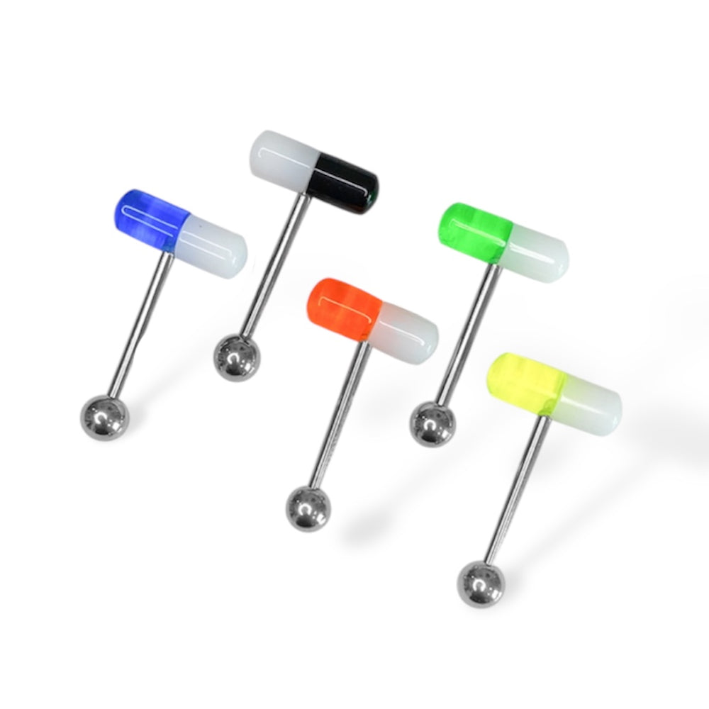 Surgical Steel & Acrylic 14 Gauge Pill Tongue Barbells 16mm - 5 Pack