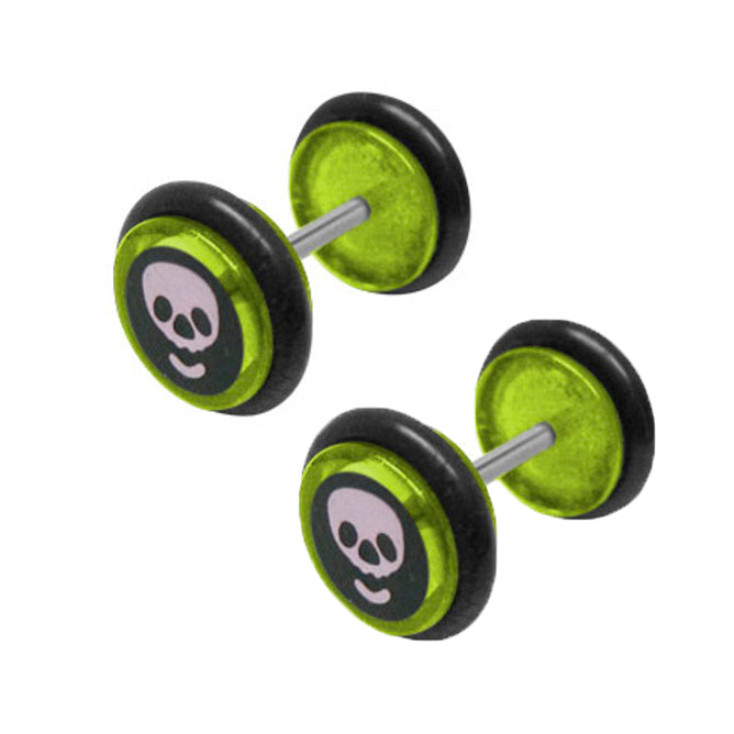 Acrylic 16 Gauge Green Fake Plugs with Skull - Pair