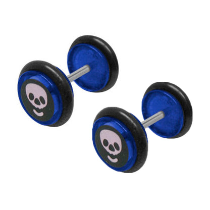 Acrylic 16 Gauge Fake Ear Gauges Plugs Blue with Skull - Pair