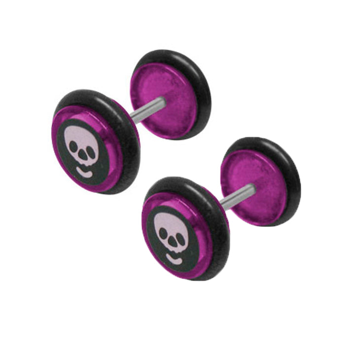 Purple Acrylic 16 Gauge Fake Ear Plugs with Skull - Pair