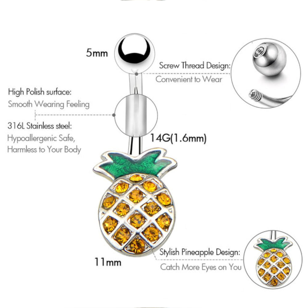 Surgical Steel 14 Gauge Belly Ring CZ with Pineapple - photo 2