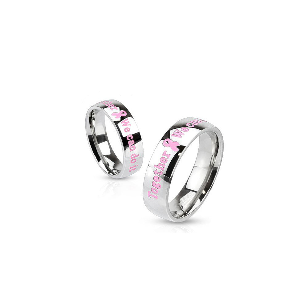 Surgical Steel Pink Awareness Dome Band Ring with Epoxy Letters