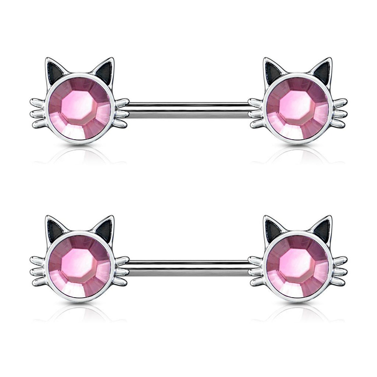 Surgical Steel 14 Gauge Nipple Barbell with Pink CZ Kitty Cat - Pair