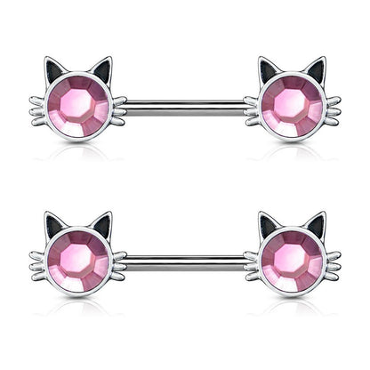 Surgical Steel 14 Gauge Nipple Barbell with Pink CZ Kitty Cat - Pair