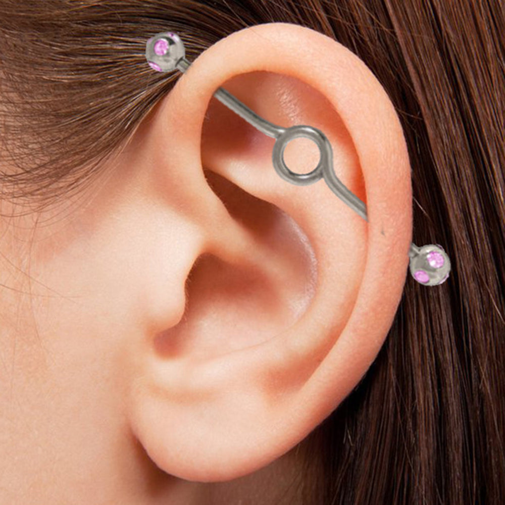 Surgical Steel 14 Gauge Industrial Barbell with Pink CZ Spiral Loop - photo 2