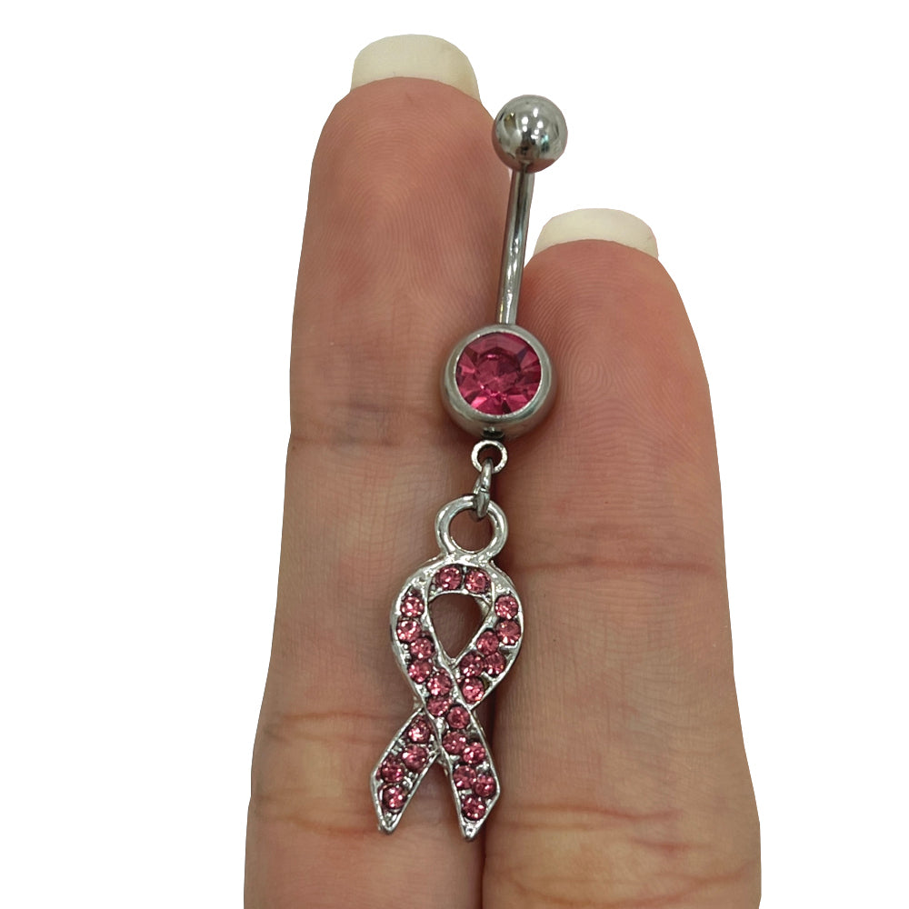 Surgical Steel 14 Gauge Belly Ring Cancer Awareness CZ Ribbon - Pair - photo 5