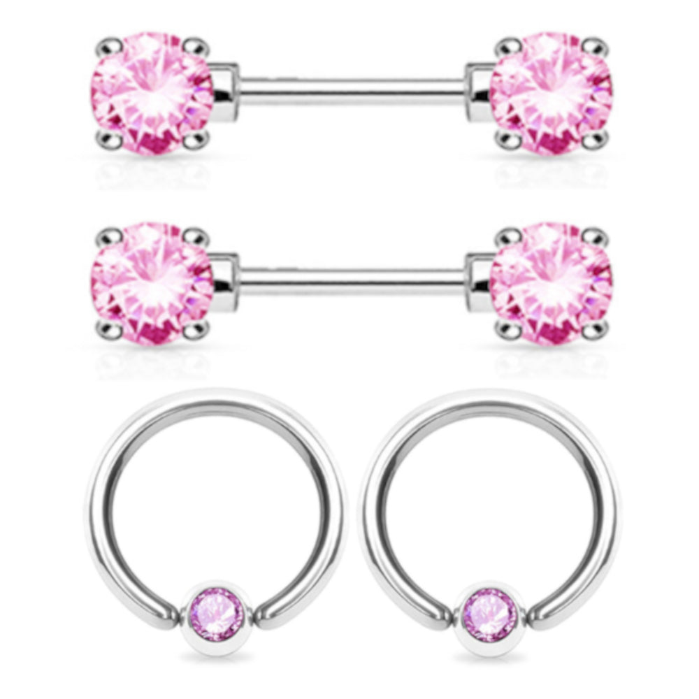 Surgical Steel 14 Gauge CZ Nipple Barbell & Captive Ring - 2 Pack - photo 3