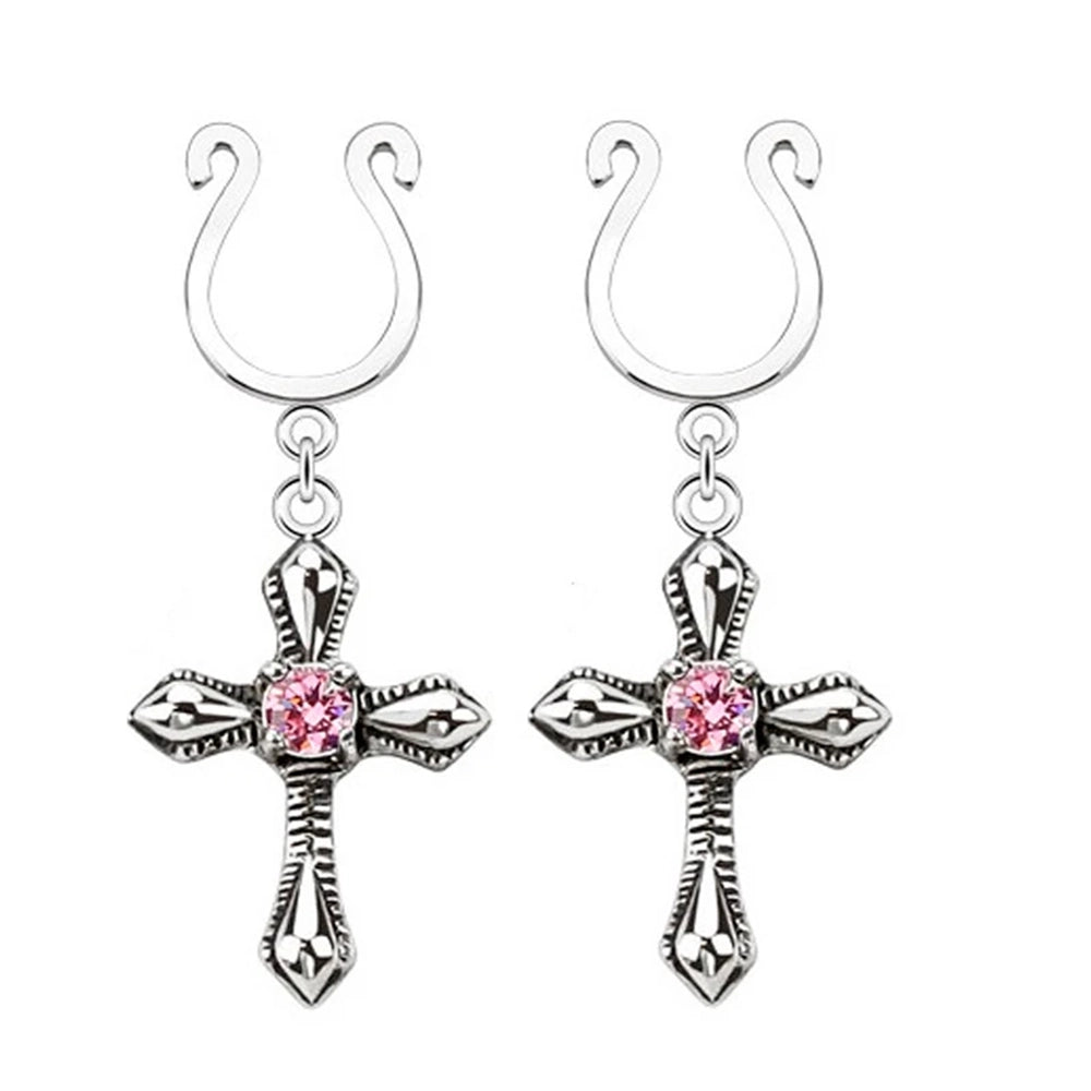 Surgical Steel Dangle Cross CZ Clip On Nipple Rings - Pair - photo 4