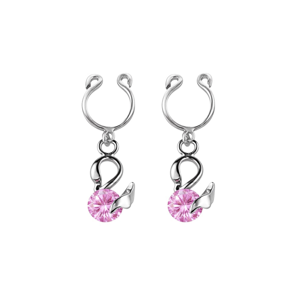 Surgical Steel Non Nipple Barbell CZ Clip On Ring Dangling Swan - Pair