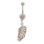 Surgical Steel 14 Gauge Paved CZ Dangling Feather Leaf Belly Ring