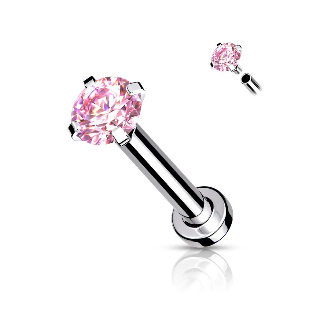 Surgical Steel 18 Gauge Prong CZ Top Flat Back Labret Stud